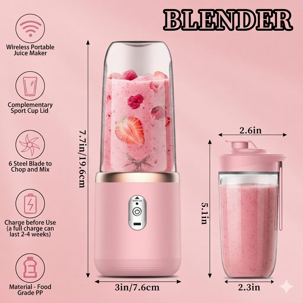 Portable Blender Bottle – USB Rechargeable Smoothie Maker (6 Blades, 400ML)
