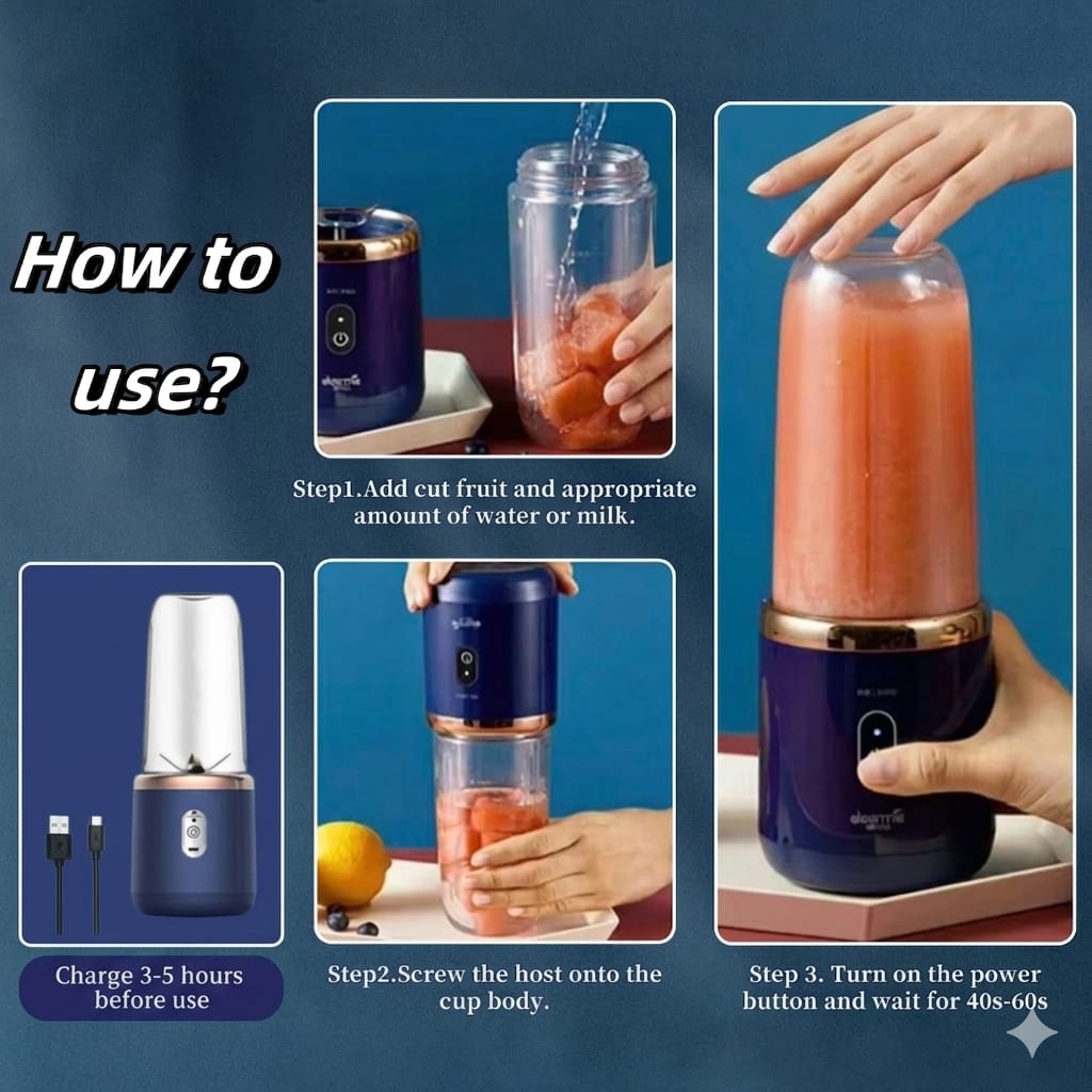 Portable Blender Bottle – USB Rechargeable Smoothie Maker (6 Blades, 400ML)